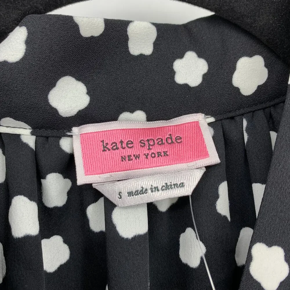 Kate Spade Cloud Dot Blouse Womens Size Small Ruffle Tie Neck Black White NEW